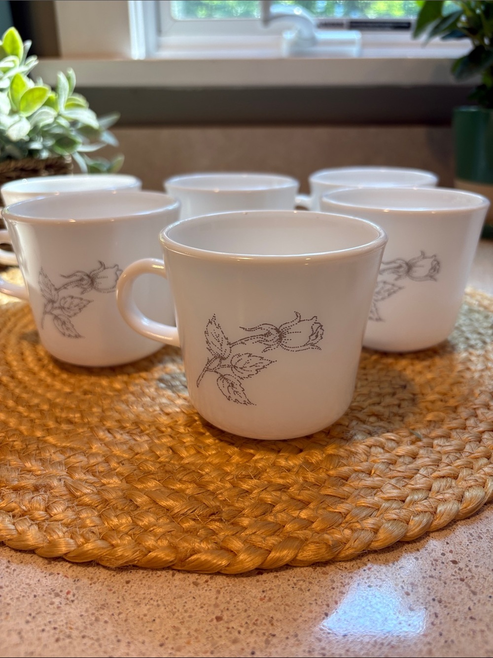 (6) Vintage Corning "Solitary" Silver/Gray Rosebud Milk Glass Mugs